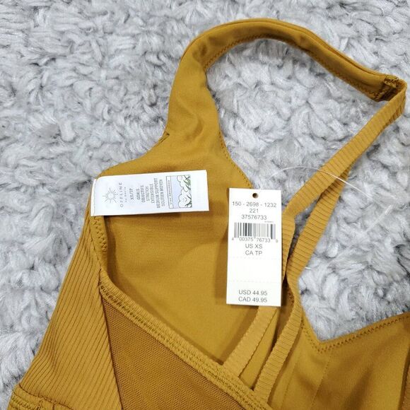 Aerie Offline Ribbed Plunge Sports Bra Yellow Brown Honey Goals Stretch Size XS - Picture 5 of 6